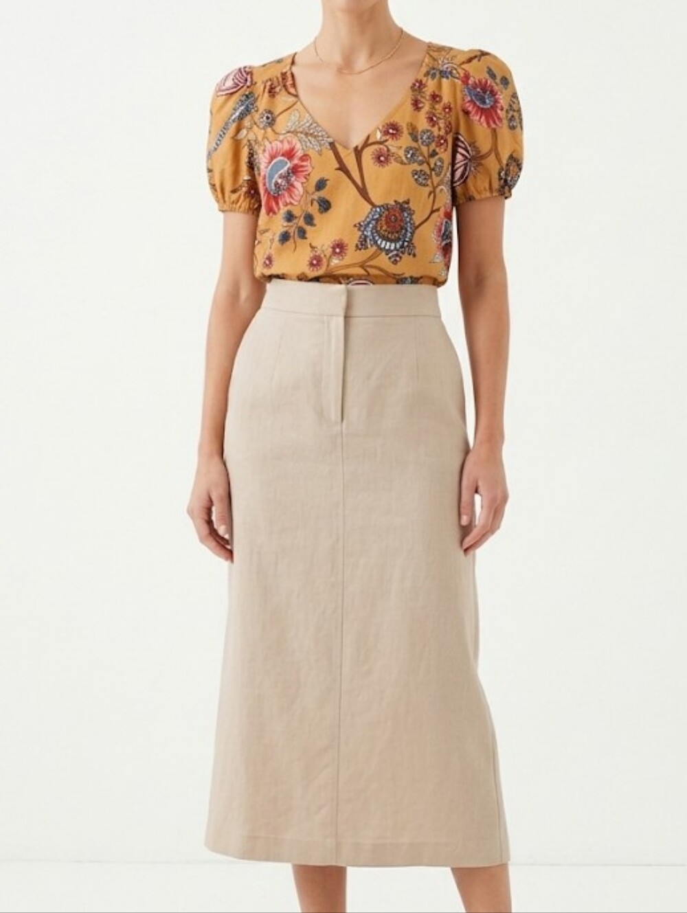 dylan Mustard Floral V-Neck Puff Sleeve Tunic